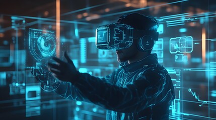 Poster - A virtual reality simulation with 3D-rendered interactive environments and 2D holographic task prompts. 4k resolution, Cinematic Scene