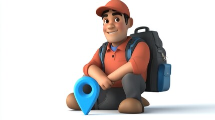Poster - A cartoonish character with a backpack sits beside a location pin, symbolizing travel or exploration.