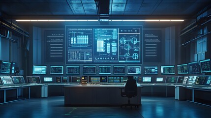 Poster - A clean energy control center featuring 3D-rendered turbine monitors and 2D glowing analytics of power generation. 4k resolution, Cinematic Scene