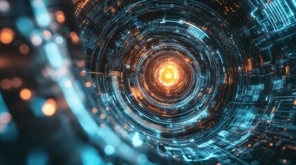 Poster - Futuristic Abstract Technology Background with Glowing Circular Patterns and Blue Orange Illumination, Perfect for Digital Design and Sci-Fi Projects