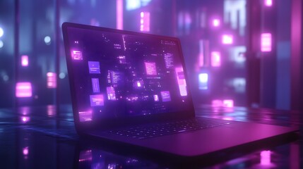 Poster - A sleek futuristic laptop projecting a 3D holographic meeting interface, with 2D animated chat messages appearing around it. 4k resolution, Cinematic Scene