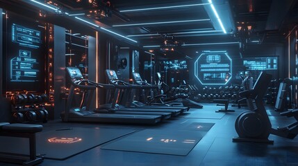 Poster - A high-tech gym with 3D holographic fitness guides and 2D glowing progress metrics surrounding each machine. 4k resolution, Cinematic Scene