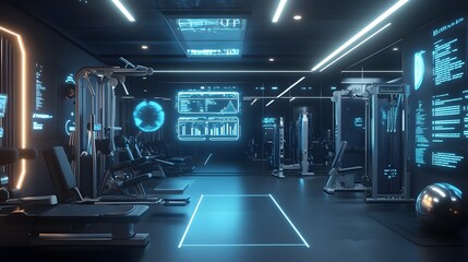 Poster - A high-tech gym with 3D holographic fitness guides and 2D glowing progress metrics surrounding each machine. 4k resolution, Cinematic Scene