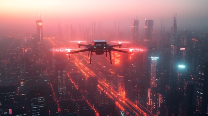 Aufkleber - A drone delivering packages in a futuristic city, with 3D glowing paths and 2D holographic delivery updates. 4k resolution, Cinematic Scene
