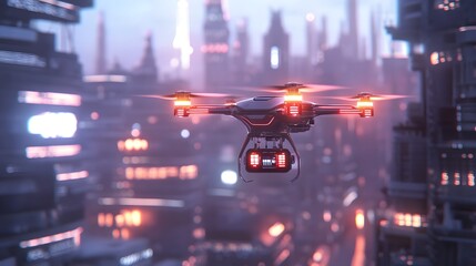Aufkleber - A drone delivering packages in a futuristic city, with 3D glowing paths and 2D holographic delivery updates. 4k resolution, Cinematic Scene