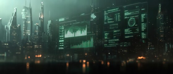 Poster - Futuristic cityscape with digital displays and data visualizations.