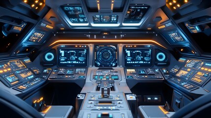Poster - A control panel in a futuristic cockpit with 3D holographic instruments and 2D animated trajectory visuals. 4k resolution, Cinematic Scene