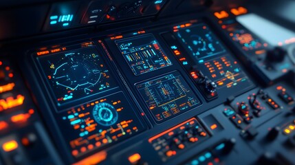 Poster - A control panel in a futuristic cockpit with 3D holographic instruments and 2D animated trajectory visuals. 4k resolution, Cinematic Scene