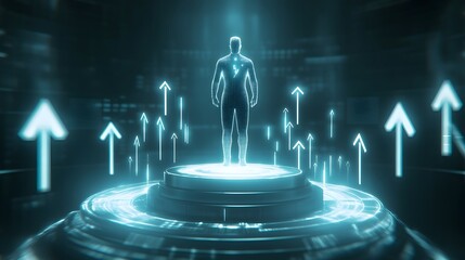 Poster - A leader standing on a podium, their 3D-rendered figure surrounded by 2D holographic visuals of ascending arrows symbolizing growth. 4k resolution, Cinematic Scene