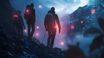 Poster - A team climbing a mountain trail together, with 3D glowing pathways and 2D floating motivational icons. 4k resolution, Cinematic Scene