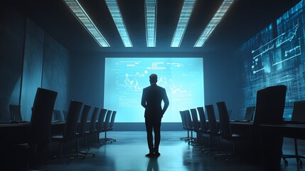 Poster - A CEO standing confidently in a high-tech boardroom, with 3D holographic profit charts and 2D glowing indicators of success. 4k resolution, Cinematic Scene
