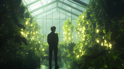 Poster - A professional standing in a greenhouse filled with flourishing plants, with 3D glowing vines and 2D overlays showing sustainable growth. 4k resolution, Cinematic Scene