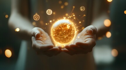 Poster - A person holding a glowing orb in their hands, with 3D-rendered beams of light and 2D floating symbols of ideas. 4k resolution, Cinematic Scene