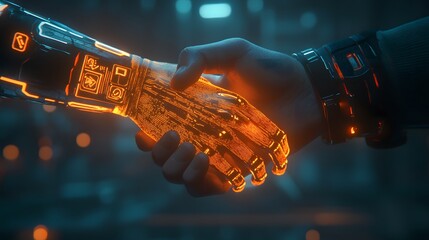 Poster - A professional shaking hands with a partner, their 3D-rendered arms glowing with 2D icons of collaboration. 4k resolution, Cinematic Scene