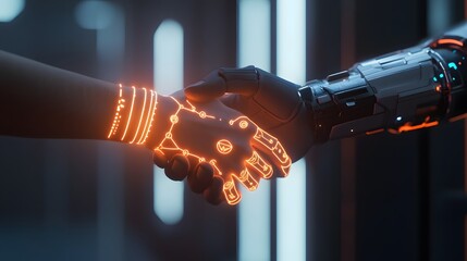 Poster - A professional shaking hands with a partner, their 3D-rendered arms glowing with 2D icons of collaboration. 4k resolution, Cinematic Scene