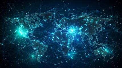 Poster - A blue and green image of the world with many lights and lines