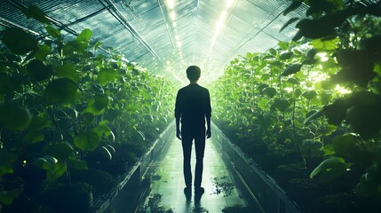 Poster - A professional standing in a greenhouse filled with flourishing plants, with 3D glowing vines and 2D overlays showing sustainable growth. 4k resolution, Cinematic Scene
