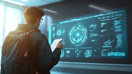 Poster - A student giving a presentation in a modern classroom, with 3D holographic visuals and 2D glowing annotations on their project. 4k resolution, Cinematic Scene