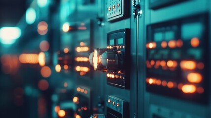 Poster - A close-up of illuminated control panels with buttons and switches in a technological setting.