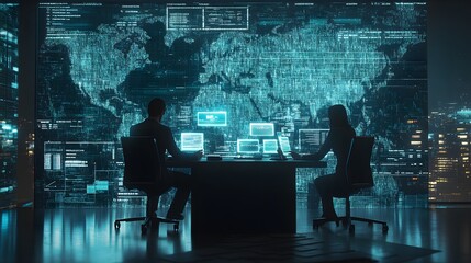 Aufkleber - A business coach reviewing progress with a team, their 3D pointers highlighting 2D holographic analytics. 4k resolution, Cinematic Scene