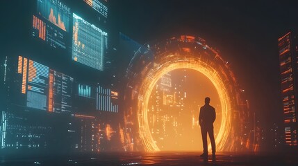 Poster - A professional standing under a digital archway of growth statistics, with 3D glowing projections and 2D graphs floating nearby. 4k resolution, Cinematic Scene