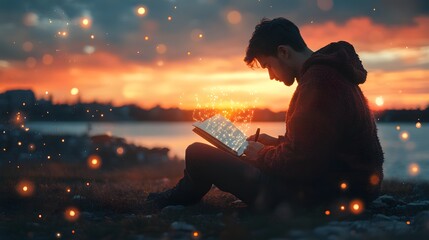 Poster - A professional writing in a journal at sunset, with 3D glowing words and 2D animations of future aspirations. 4k resolution, Cinematic Scene