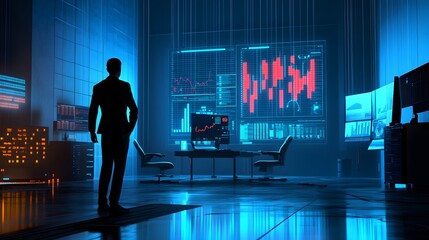 Poster - A manager showing a production facility to investors, with 3D glowing charts and 2D animations of profit growth. 4k resolution, Cinematic Scene