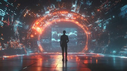 Poster - A professional standing under a digital archway of growth statistics, with 3D glowing projections and 2D graphs floating nearby. 4k resolution, Cinematic Scene