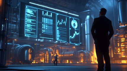 Poster - A manager showing a production facility to investors, with 3D glowing charts and 2D animations of profit growth. 4k resolution, Cinematic Scene
