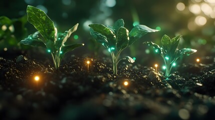 Poster - A team building a sustainable garden, with 3D glowing plant markers and 2D animated timelines of growth. 4k resolution, Cinematic Scene