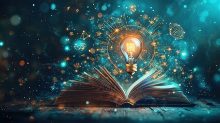 Poster - a creative illustration of an open book with a light bulb and magical elements symbolizing knowledge