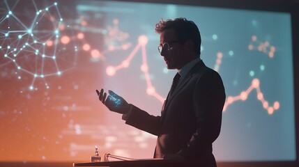 Aufkleber - A scientist presenting findings at a conference, with 3D glowing data charts and 2D holographic highlights. 4k resolution, Cinematic Scene