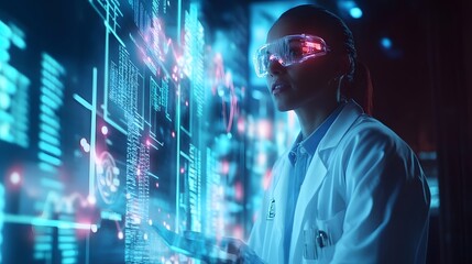 Aufkleber - A scientist presenting findings at a conference, with 3D glowing data charts and 2D holographic highlights. 4k resolution, Cinematic Scene
