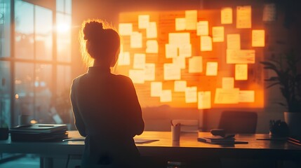 Poster - A brainstorming session in a bright room, with 3D glowing sticky notes on a wall and 2D holographic overlays of key points. 4k resolution, Cinematic Scene