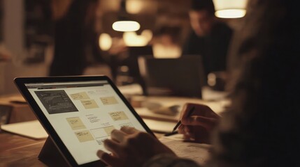Poster - A person working on a tablet with notes and a collaborative workspace in the background.