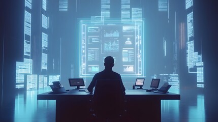 Aufkleber - A young entrepreneur presenting a prototype in a minimalist boardroom, with 3D glowing product visuals and 2D data projections. 4k resolution, Cinematic Scene
