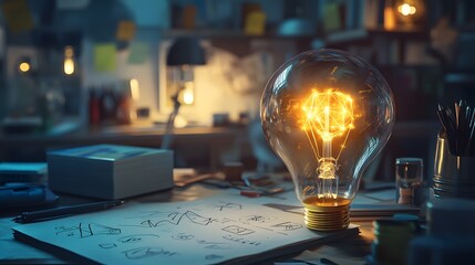 Poster - A creative pitch environment with 3D glowing sketches and 2D animated paths of innovation in the background. 4k resolution, Cinematic Scene