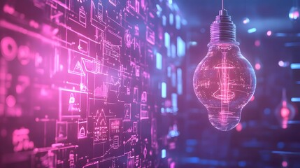 Poster - A creative pitch environment with 3D glowing sketches and 2D animated paths of innovation in the background. 4k resolution, Cinematic Scene