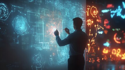 Poster - An entrepreneur writing on a whiteboard surrounded by 3D glowing brainstorming symbols and 2D arrows of collaboration. 4k resolution, Cinematic Scene