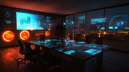 Poster - A tech-savvy meeting room with 3D glowing augmented reality devices and 2D overlays of startup metrics. 4k resolution, Cinematic Scene