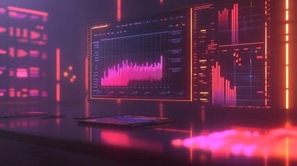 Poster - A clean desktop setup featuring 3D rendered charts on a holographic screen and 2D glowing data points. 4k resolution, Cinematic Scene