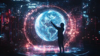 Poster - A person interacting with a holographic globe projected from a 3D device, surrounded by 2D glowing innovation pathways. 4k resolution, Cinematic Scene