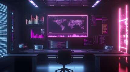 Poster - A clean desktop setup featuring 3D rendered charts on a holographic screen and 2D glowing data points. 4k resolution, Cinematic Scene