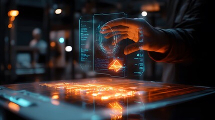 Poster - A founder showcasing a 3D glowing product model, with 2D holographic labels highlighting features and benefits. 4k resolution, Cinematic Scene