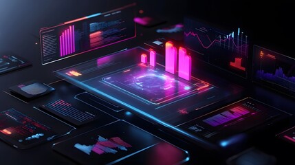 Poster - A startup presentation with 3D glowing holograms of the product lifecycle and 2D visual representations of market strategies. 4k resolution, Cinematic Scene