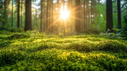 Sticker - Sunlit forest moss. Nature, peace, tranquility.