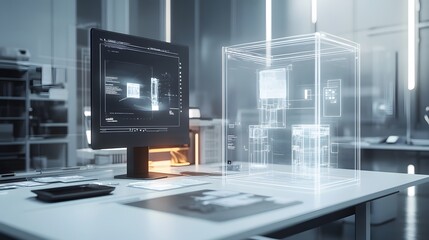 Poster - A minimalist design lab with 3D glowing prototypes displayed on white surfaces and 2D holographic annotations. 4k resolution, Cinematic Scene