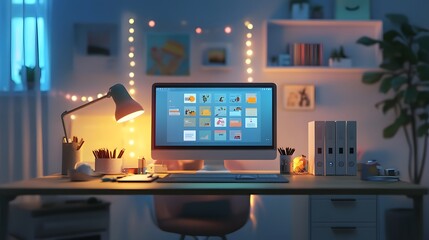 Leinwandbilder - A sleek desk with 3D glowing task organizers and 2D notifications showcasing the day s goals. 4k resolution, Cinematic Scene