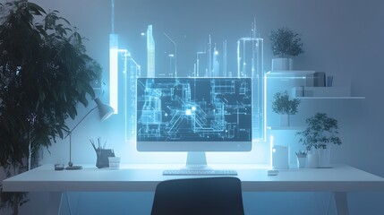 Poster - A minimalist workspace setup with 3D glowing digital blueprints projected on a clean white desk. 4k resolution, Cinematic Scene