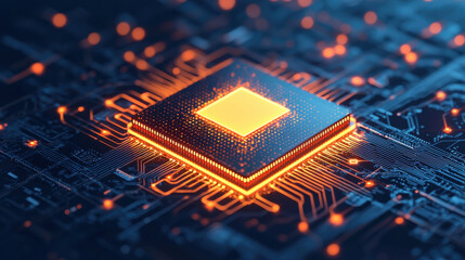 Fototapete - Digital microprocessor with glowing circuits and nodes, showcasing technology